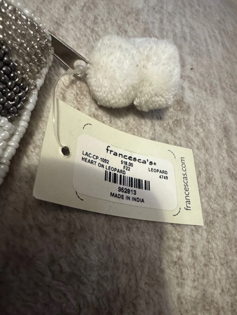 Francesca's White & Silver Beaded Wristlet with Pom